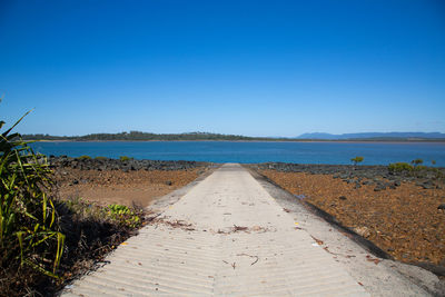 Scenic view of sea against clear blue sky