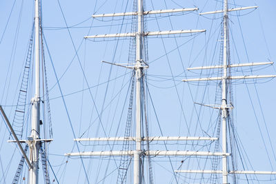 Low angle view of sailing ship mast against clear sky
