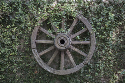 Close-up of old wheel against trees