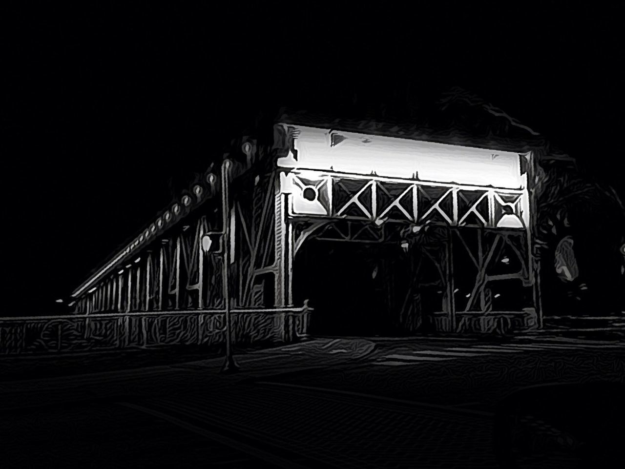 built structure, architecture, night, railing, clear sky, bridge - man made structure, illuminated, dark, copy space, silhouette, indoors, connection, graffiti, shadow, bridge, no people, building exterior, gate, sunlight