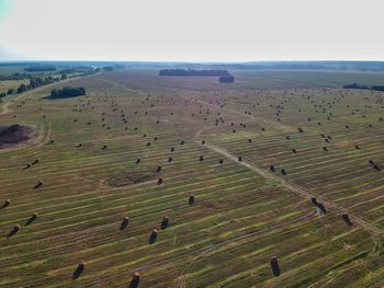 High angle view of field against sky