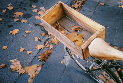 High angle view of wooden box on bicycle during autumn