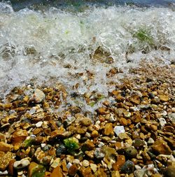 High angle view of pebbles on beach