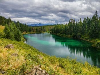 Scenic view of lake against cloudy sky