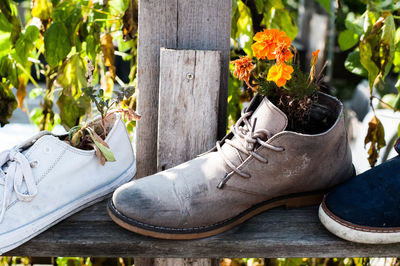 Close-up of shoes on wooden floor