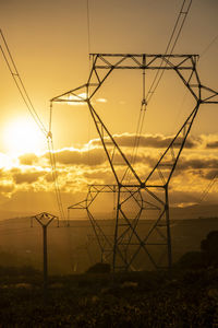 Low angle view of electricity pylon against sky during sunset