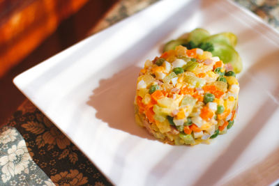 High angle view of food in plate on table