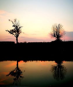 Silhouette trees by lake against sky during sunset