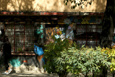 People walking by plants