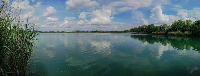 Scenic view of lake against cloudy sky