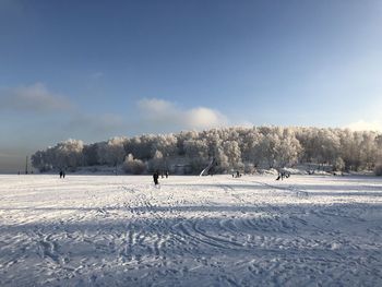 People on snow covered field against sky