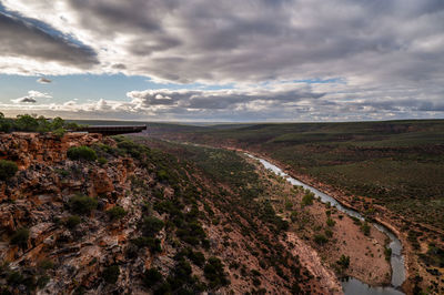 Scenic view of land and sea against sky