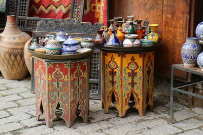 Close-up of multi colored objects on table