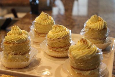 Close-up of cupcakes on tray