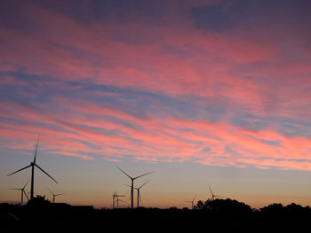 Silhouette of wind turbines at sunset