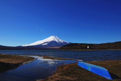Scenic view of snowcapped mountains against clear blue sky