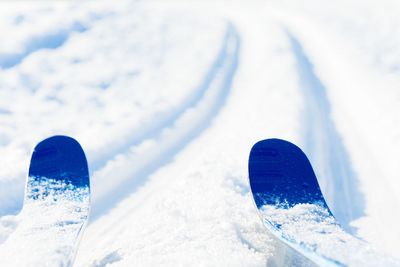 Close-up of ski with tracks on snow