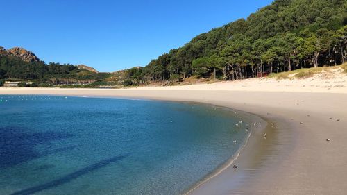 Scenic view of beach against clear blue sky