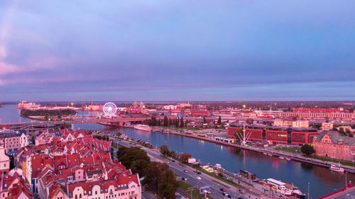 High angle view of city at waterfront