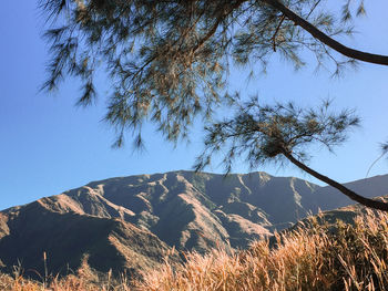 Scenic view of mountains against clear blue sky