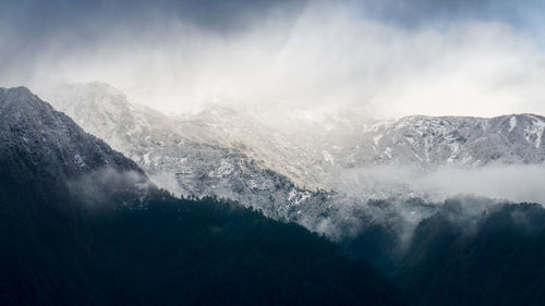 Scenic view of sea and mountains against sky