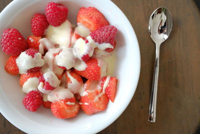 High angle view of strawberries in bowl