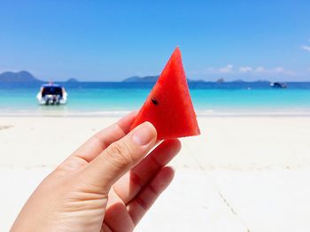 Cropped image of person holding umbrella on beach