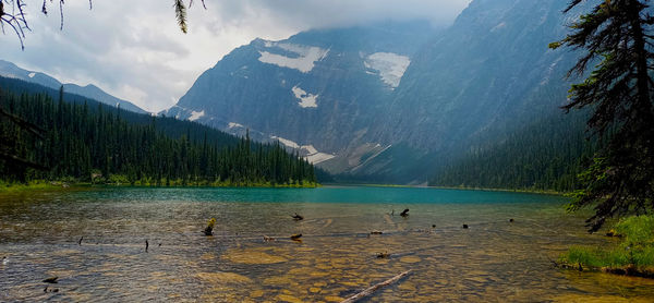Scenic view of lake and mountains against sky