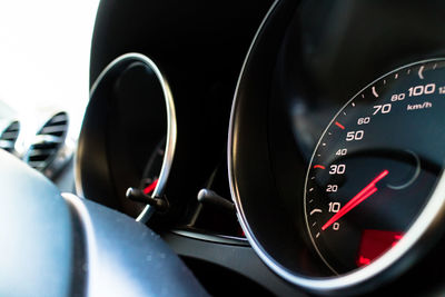 Close-up of speedometer in car