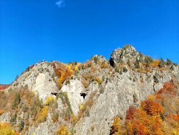 Low angle view of rocks against clear blue sky
