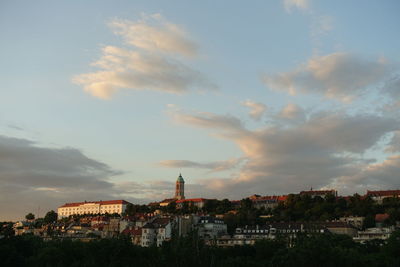 High angle view of buildings against cloudy sky