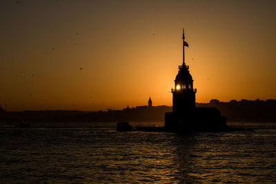 Silhouette of lighthouse by sea against sky during sunset