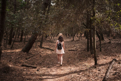 A young girl is walking on a path inside a woods