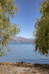 Scenic view of lake against clear blue sky