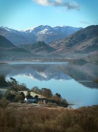Scenic view of lake with mountains in background