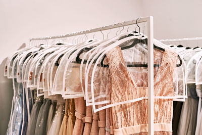 Low angle view of clothes hanging on rack