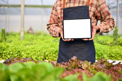 Midsection of woman using digital tablet