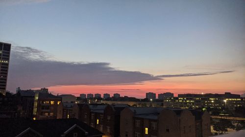 Buildings against sky during sunset