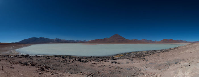 Scenic view of desert against clear blue sky