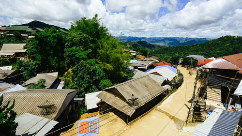 High angle view of houses against sky