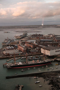 Aerial view of the historic dockyard and harbour of portsmouth, hampshire, southern england