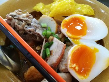 High angle view of food served in plate