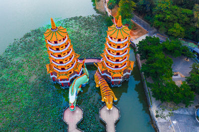 High angle view of statue against building