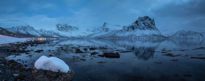 Scenic view of snow covered mountain against sky