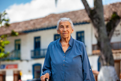 Senior woman tourist at the heritage town of salamina in the department of caldas in colombia