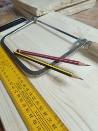 High angle view of books on table