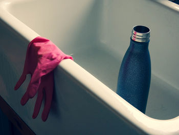 High angle view of bottles on table at home