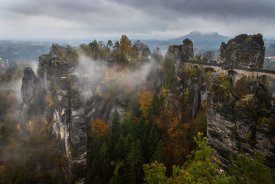 View of trees on landscape against cloudy sky