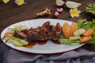 High angle view of food in plate on table