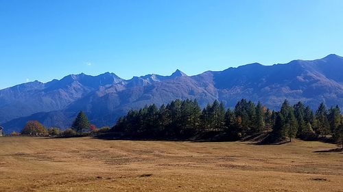 Scenic view of snowcapped mountains against clear blue sky